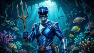藍色Power Ranger手持三叉戟的神秘水底壁紙。 — Power Rangers 壁紙