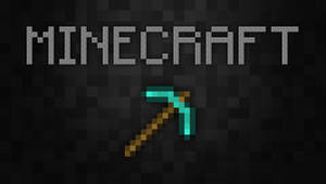 深色背景上以像素藝術風格呈現的Minecraft標誌和鑽石鎬。
