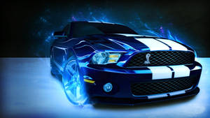 藍色Shelby Mustang帶有白色條紋，被發光的藍色能量效果包圍。
