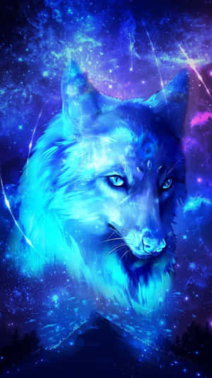 一頭發光的藍色狼，擁有星形眼睛，在宇宙星雲背景下。