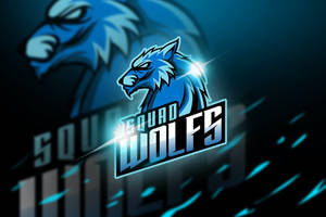 發光藍色狼標誌，帶有文字Squad Wolves，深色背景帶有線條。