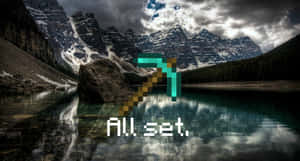 像素化的Minecraft鎬漂浮在山湖上，有積雪的山峰和暴風雨天空的倒影。