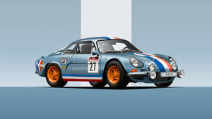 復古藍色Alpine A110拉力賽車，配備橙色輪圈和賽車條紋。 — 復古gif 壁紙