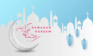 Ramadan Kareem 祝福，帶有清真寺剪影和懸掛的燈籠。 — 齋戒月 壁紙