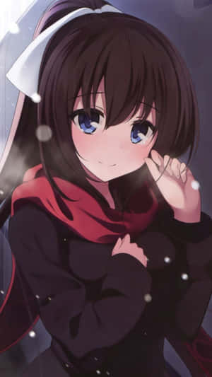動漫女孩穿著冬季外套和紅色圍巾，在飄雪中微笑。 — 可愛少女風gif 壁紙