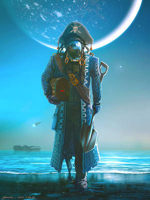 未來海盜穿著太空裝備，站在發光的外星海灘上，月亮發光。