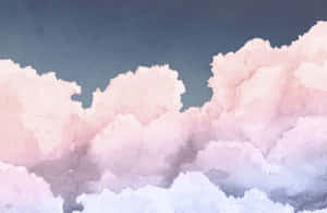 水彩天空中的粉彩粉紅色和藍色雲朵