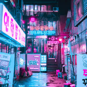 鮮豔的霓虹招牌照亮了夜晚濕漉漉的城市小巷。