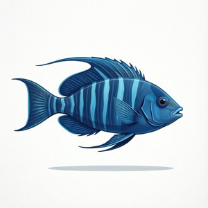 藍色條紋魚插圖，帶有流暢的魚鰭和陰影，背景為白色。