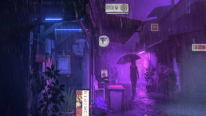 夜晚在雨中霓虹小巷撐傘行走的人