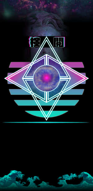 霓虹幾何符號，帶有發光的眼睛，背景為宇宙和波浪 — 霓虹美學 壁紙