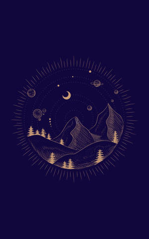 金色線條畫，描繪山脈和樹木，背景為繁星點點的夜空，上有行星和月亮。