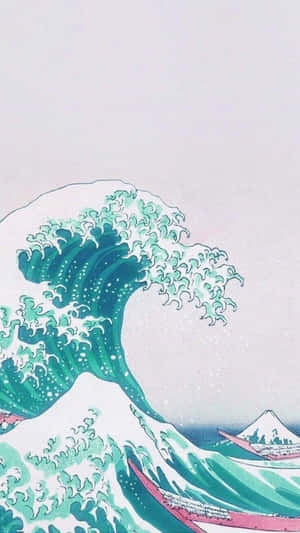 巨浪衝擊小船，背景是富士山。 — 淺綠色美學動態圖 壁紙
