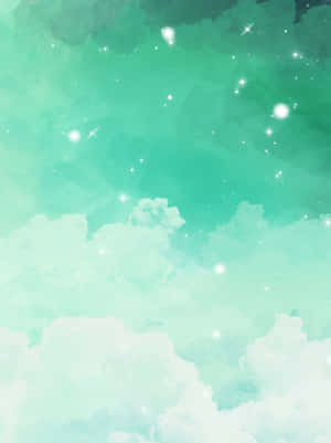 薄荷綠水彩天空，帶有蓬鬆雲朵和閃爍星星。 — 淺綠色美學動態圖 壁紙