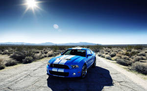 藍色 Shelby Mustang 停泊在龜裂的沙漠道路上，陽光猛烈。