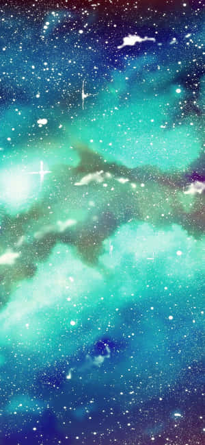 充滿活力的青色和藍色宇宙星雲，充滿閃爍的星星和發光的雲朵。