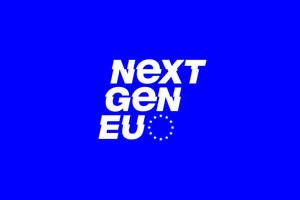 藍色背景上帶有星星圓圈的白色文字 Next Gen EU 標誌