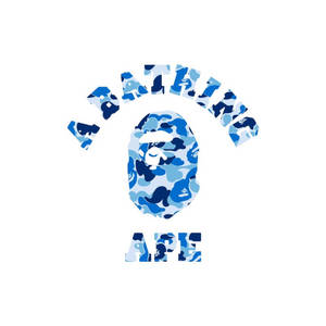 藍色迷彩BAPE標誌，帶有猿頭和文字，白色背景。