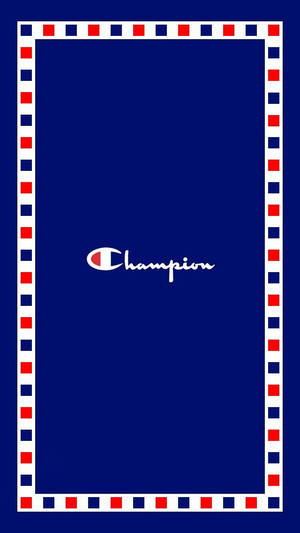 藍底白色 Champion 標誌，帶紅、藍、白格子邊框。