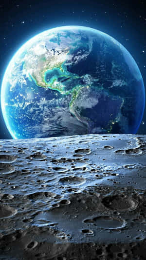 從月球表面看到的地球，天空中有星星。