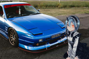 藍色改裝跑車與跪著的動漫女僕。