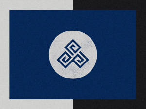 在帶紋理的藍色背景上，白色圓圈內的海軍藍色極簡幾何標誌。