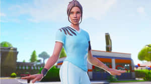 穿著藍色運動服的Fortnite角色在戶外張開雙臂站立。