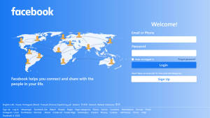 Facebook 登入畫面，帶有世界地圖和用戶圖標，顯示全球連通性。