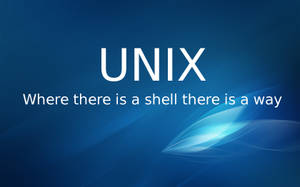 藍色抽象背景，帶有白色文字 UNIX 和 Where there is a shell there is a way。