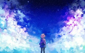 粉紅色頭髮的動漫女孩站在星空下，周圍有發光的宇宙雲。