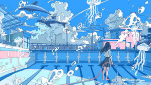 泳池中的女孩，海豚和水母漂浮在天空 — 美學 壁紙