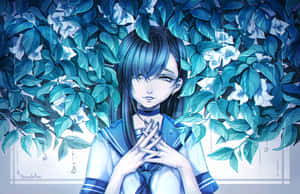 藍髮動漫少女穿著水手服，被青綠色樹葉和白色花朵包圍在雨中。 — 可愛動漫女仔 壁紙