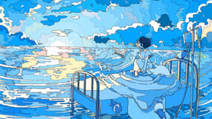 女孩在醫院床上漂浮在海洋上，藍天白雲有鳥 — 靚靚動畫 壁紙
