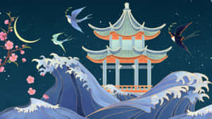彎月下，波浪上的寶塔，伴隨著櫻花和燕子。