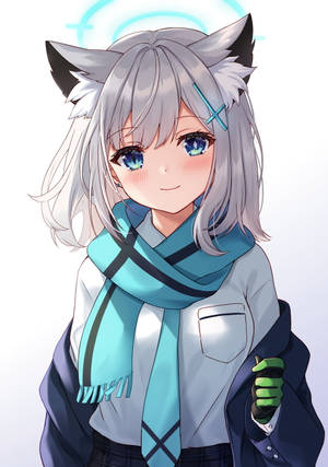 動畫女孩，有狼耳朵和藍眼睛，戴著藍色圍巾和穿著校服。 — 可愛動漫女仔 壁紙