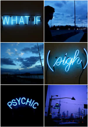 藍色霓虹燈牌，上面有「WHAT IF」、「(sigh)」和「PSYCHIC」字樣，在黃昏的黑暗城市中發光。