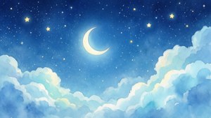 夜晚柔和的藍色雲層上的彎月和星星 — 藍色 壁紙
