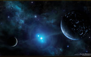 兩顆行星在充滿恆星的藍綠色星雲中圍繞一顆明亮的藍色恆星運行。 — 行星 壁紙