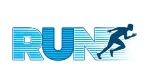 藍色跑步者剪影從單詞RUN中浮現，帶有運動線條。