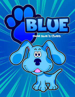 Blue's Clues 中的狗 Blue 微笑，帶有藍色爪印和標題。