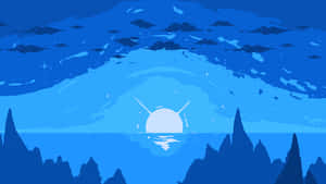 藍色日落，山峰上星星和發光球體點綴天空。