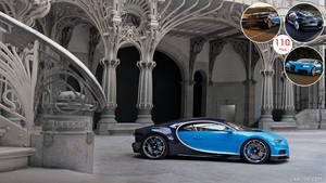 石砌庭院中裝飾性鐵拱門下的藍黑 Bugatti Veyron。