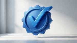 藍色3D剔號標誌在極簡白色空間中漂浮，帶有柔和陰影。