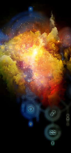 一個色彩繽紛的宇宙星雲，帶有漂浮在太空中的發光占星符號。 — OnePlus 壁紙
