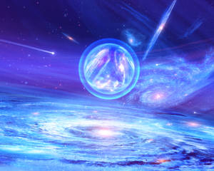 一個發光的藍色球體懸浮在一個宇宙星系之上，周圍有星星和流星。