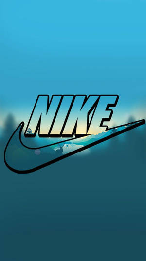 Nike 標誌，Swoosh 內有山峰場景，背景為藍色漸變。 — 霓虹 iPhone 壁紙