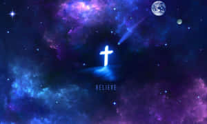 太空中發光的十字架與地球和星星，激發信念。