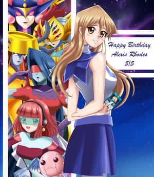 動漫生日卡，描繪一個女孩和朋友在星空下。 — Galaxy Z Fold 壁紙