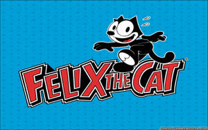 卡通角色 Felix the Cat 在藍色背景上跳躍在他的名字標誌上方。