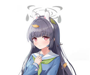 動漫女孩戴著兔耳朵，穿著校服緊張地出汗。